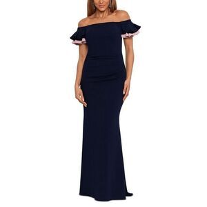 Betsy & Adam Off-Shoulder Navy and Pink Maxi Dress